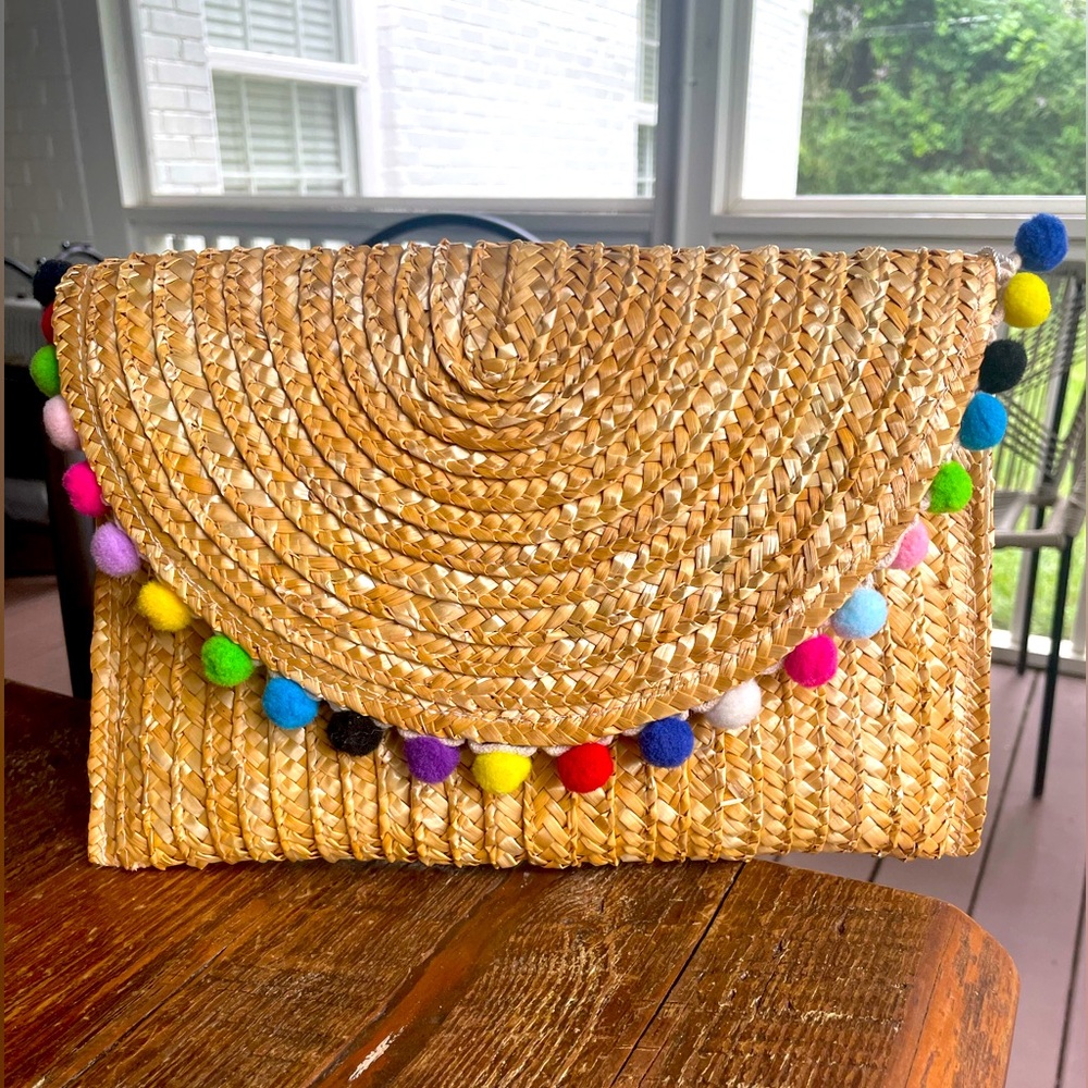 Shiraleah natural carmelita straw Multicolor Pom Pom clutch purse